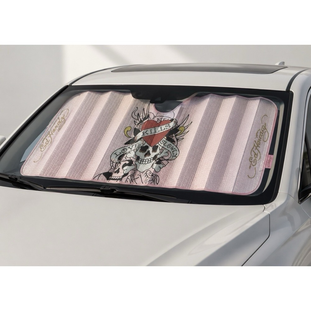 Ed Hardy Love Kills Slowly Pink Accordion Car Windshield Sun Shade 58x27 NWT